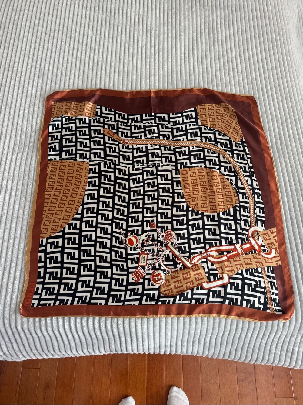 F Print Square Satin Scarf Brown Black Beige 34” x 34”